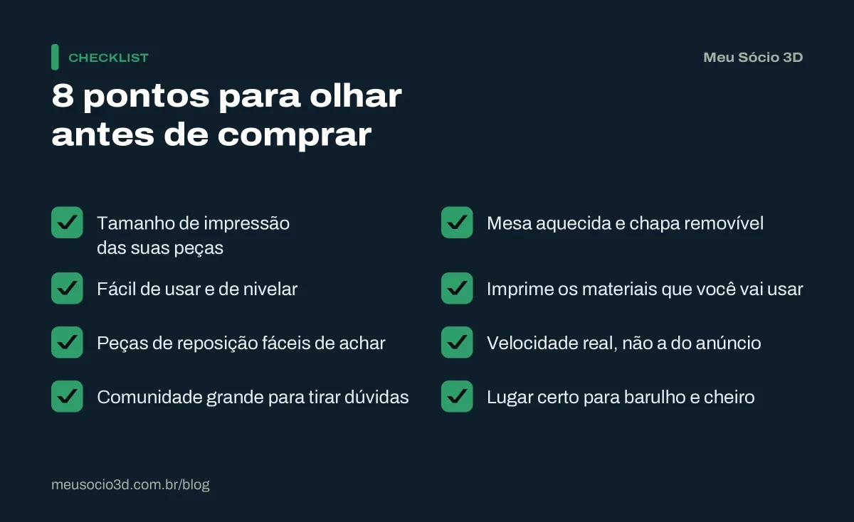 Checklist com 8 pontos para decidir qual impressora 3D comprar: tamanho, facilidade, reposição, comunidade, mesa, materiais, velocidade e lugar