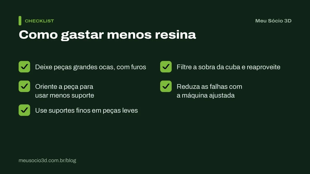 Checklist para gastar menos resina: peças grandes ocas com furos, menos suporte, suportes finos, sobra filtrada e menos falhas