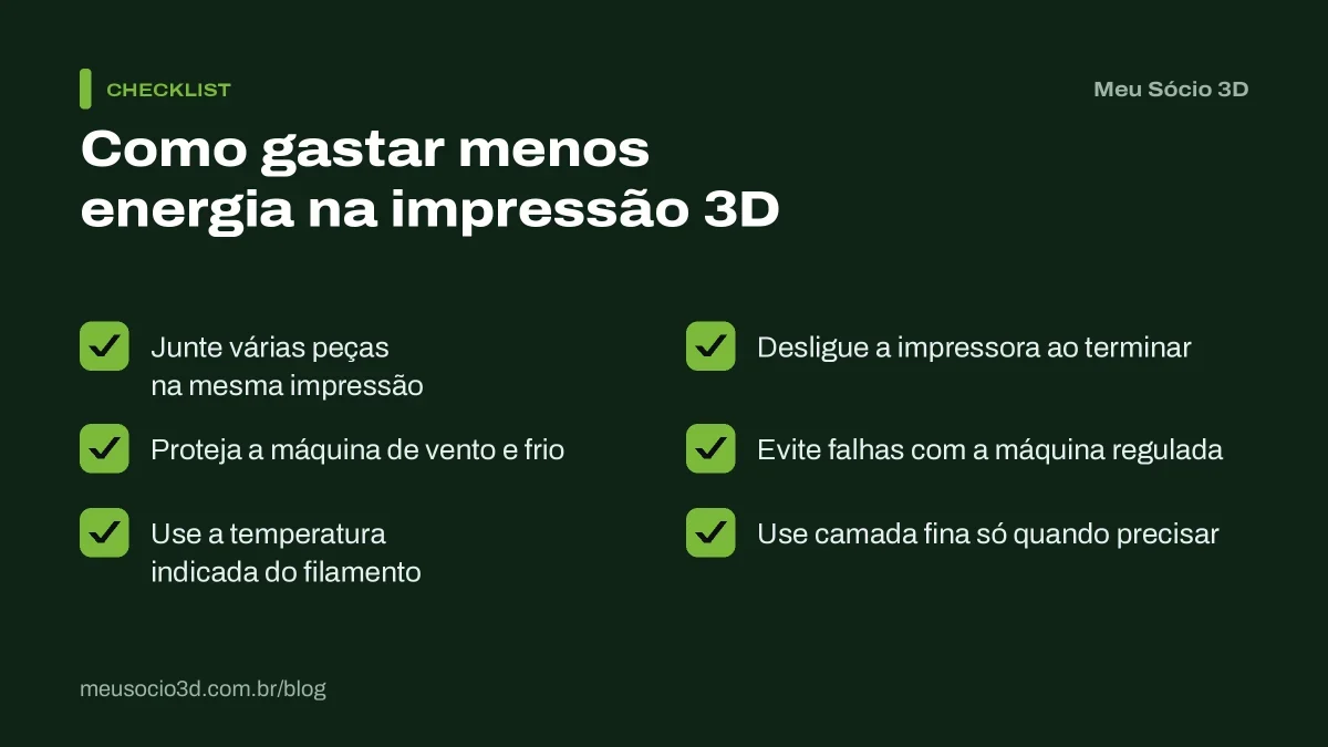Checklist para gastar menos energia: juntar peças, proteger do frio, usar a temperatura certa, desligar ao terminar e evitar falhas