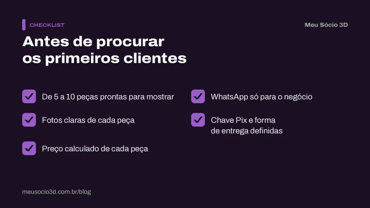 Checklist do que preparar antes de conseguir os primeiros clientes: peças prontas, fotos, preços, WhatsApp do negócio, Pix e entrega