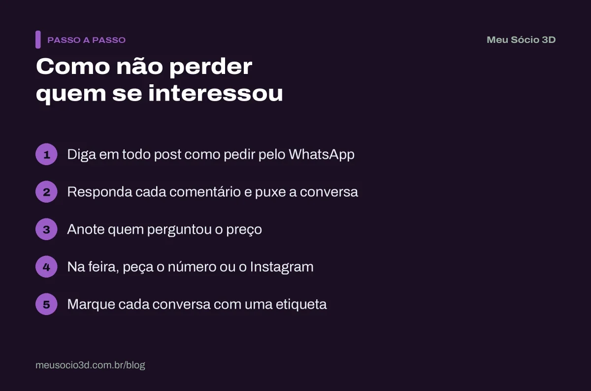 Passo a passo para pegar o contato de quem se interessa pelas peças: chamar para o WhatsApp, responder comentários, anotar e usar etiquetas