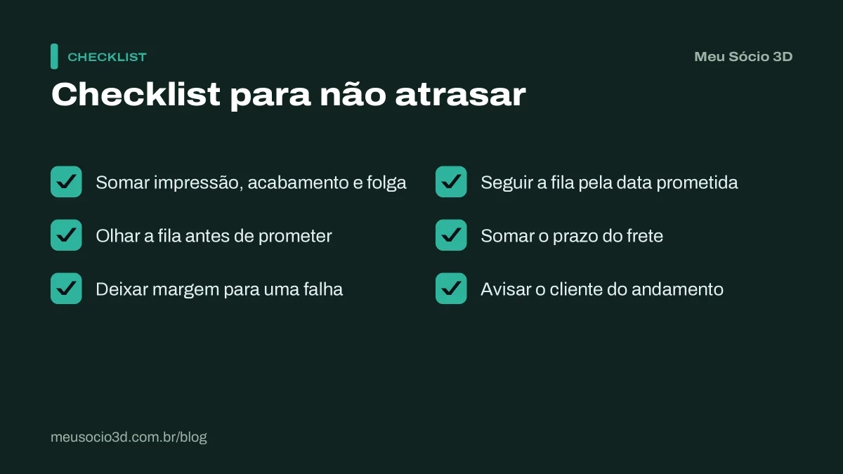 Checklist para não atrasar entregas na impressão 3D: somar impressão, acabamento e folga, olhar a fila, contar o frete e avisar o cliente