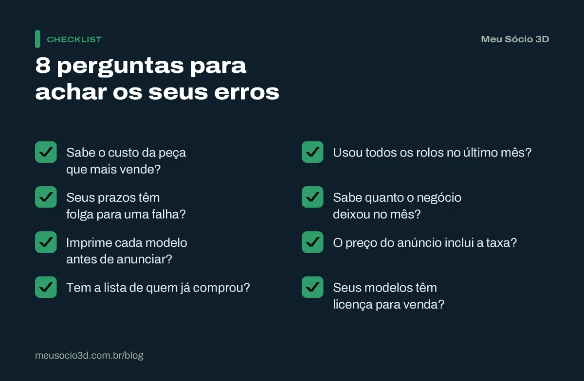 Checklist com 8 perguntas para descobrir se você está cometendo erros de iniciante na impressão 3D, do preço sem conta ao filamento parado
