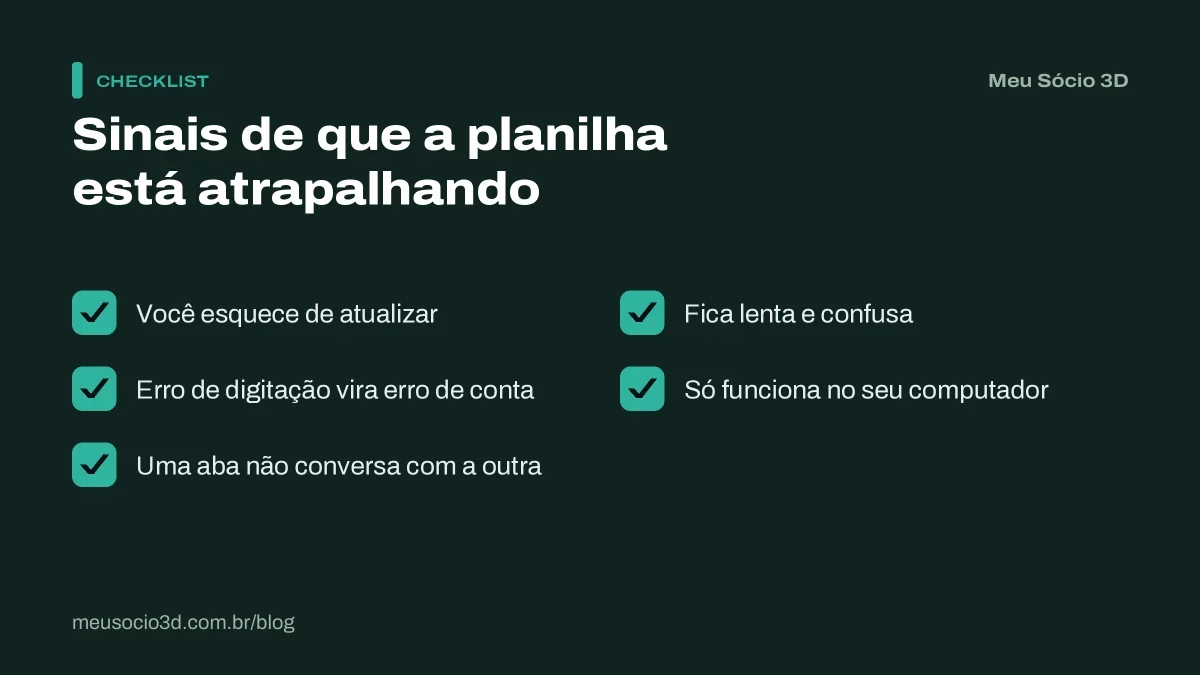 Checklist com 5 sinais de que a planilha está atrapalhando a produção 3D: atualização esquecida, erro de digitação e abas que não conversam