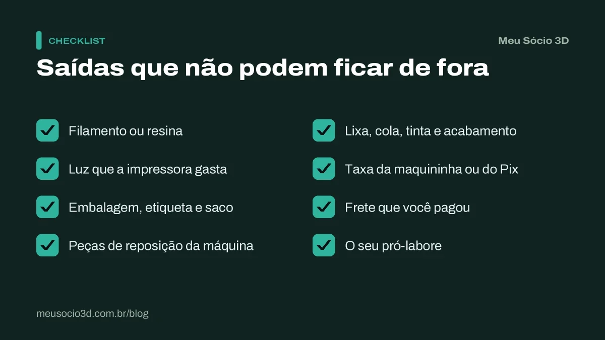 Checklist com as 8 saídas que não podem ficar de fora para controlar as contas do negócio de impressão 3D, do filamento ao pró-labore