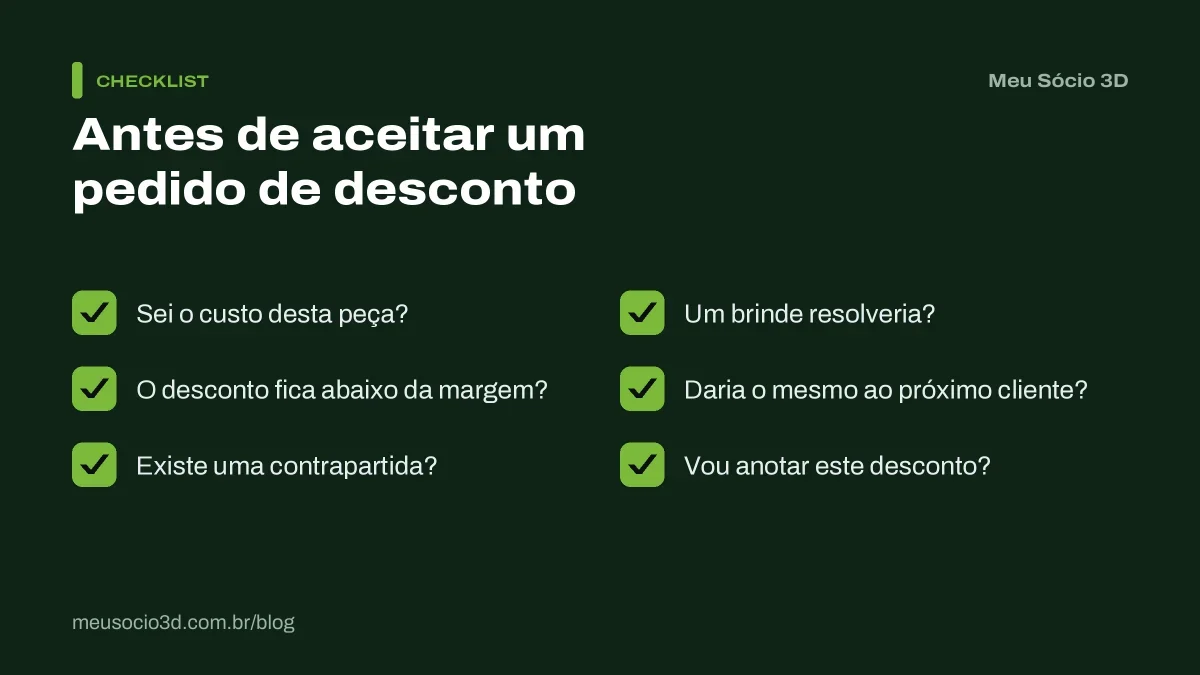 Checklist com seis perguntas para fazer antes de aceitar um pedido de desconto na impressão 3D, do custo da peça à anotação do desconto