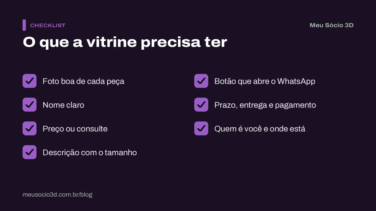 Checklist do que uma vitrine online de impressão 3D precisa ter: fotos, nomes, preços, descrição, botão do WhatsApp, prazo e contato