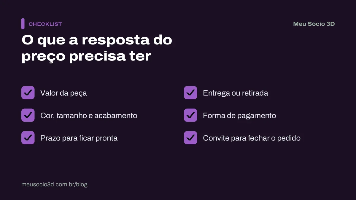 Checklist do que incluir ao responder quanto custa no Direct: valor, detalhes da peça, prazo, entrega, pagamento e convite para fechar