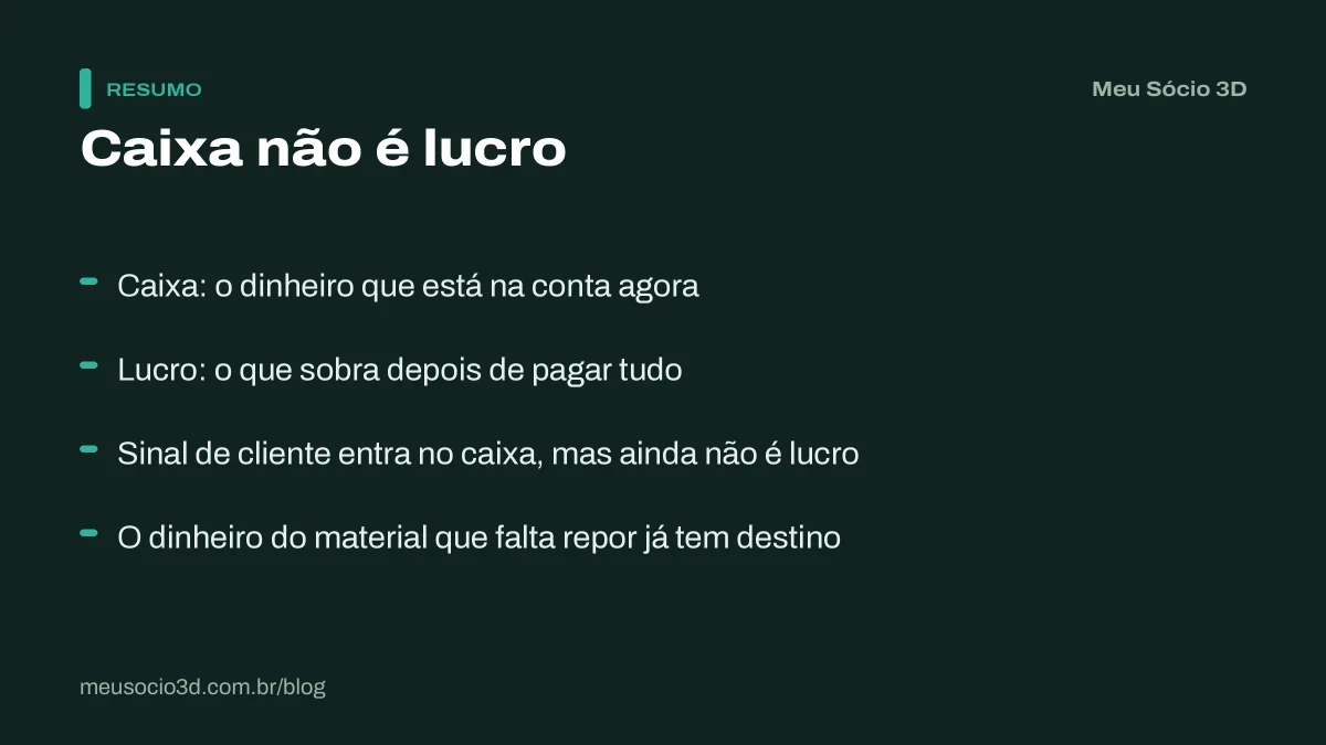 Resumo da diferença entre caixa e lucro: saldo na conta, sinal de cliente e material a repor não mostram se o negócio dá lucro
