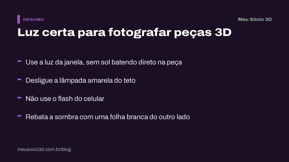 Resumo de como iluminar fotos de produtos 3D: luz da janela sem sol direto, sem lâmpada amarela, sem flash e com rebatedor branco