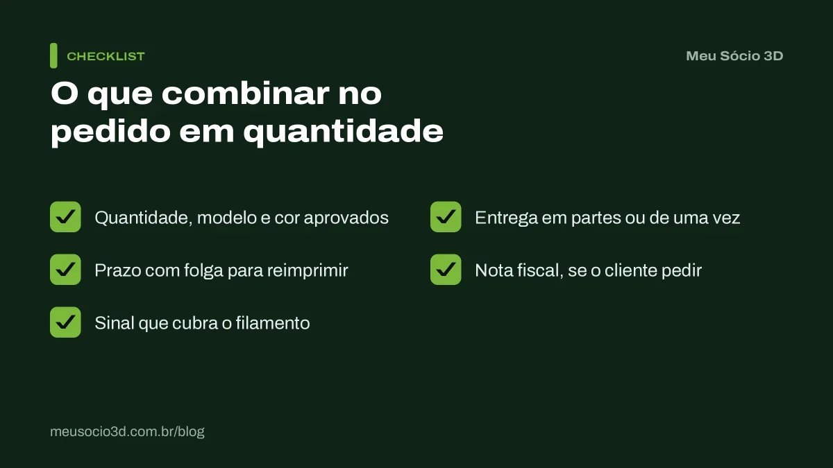 Checklist do que combinar antes de aceitar um pedido em quantidade: modelo e cor, prazo com folga, sinal, forma de entrega e nota fiscal