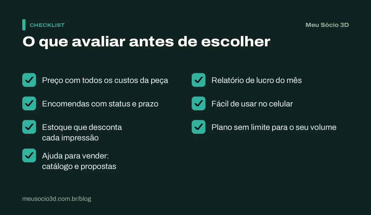 Checklist do que avaliar para escolher o melhor software de gestão para impressão 3D: preço, encomendas, estoque, vendas e lucro