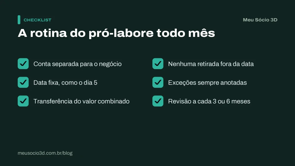 Checklist da rotina do pró-labore: conta separada, data fixa, transferência do valor combinado, sem retiradas extras e revisão periódica