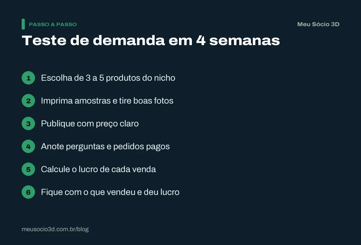 Passo a passo do teste de demanda de um nicho de impressão 3D: produtos, amostras, fotos, preço, pedidos e lucro de cada venda