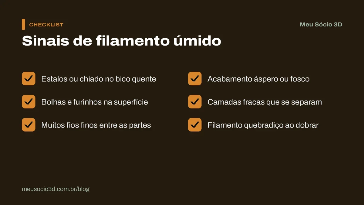 Checklist com os sinais de filamento úmido: estalos no bico, bolhas, fios finos, acabamento áspero, camadas fracas e filamento quebradiço