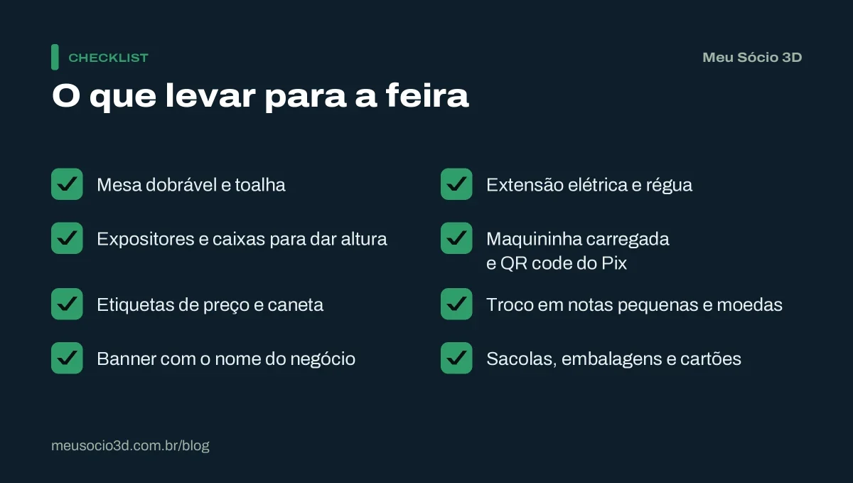 Checklist do que levar para vender em feiras e eventos: mesa, expositores, etiquetas, banner, extensão, maquininha, troco e sacolas