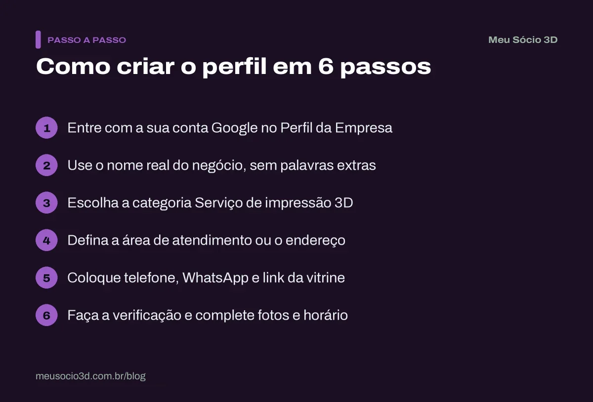 Passo a passo para criar o Google Meu Negócio de impressão 3D: conta Google, nome real, categoria, área de atendimento, contato e verificação
