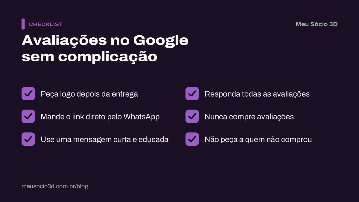 Checklist para conseguir avaliações no Perfil da Empresa no Google: pedir após a entrega, mandar o link, responder todas e nunca comprar