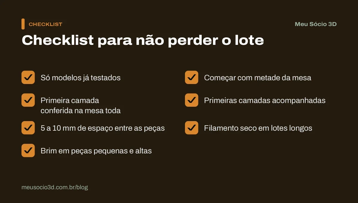 Checklist para não perder o lote: modelos testados, primeira camada conferida, espaço entre as peças, brim e filamento seco