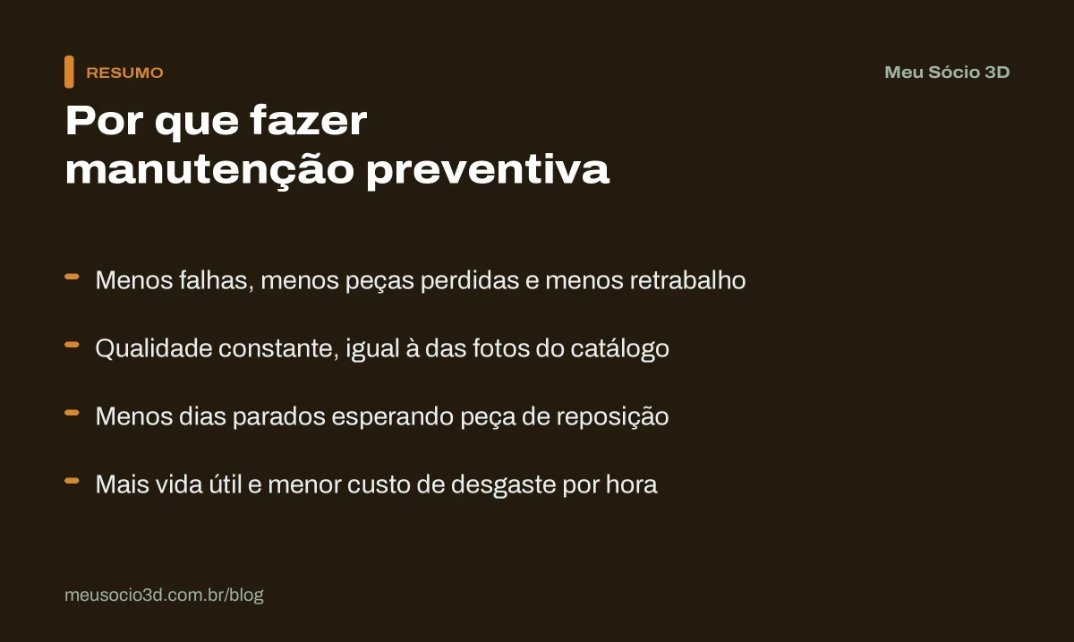 Resumo dos motivos para fazer manutenção preventiva na impressora 3D: menos falhas, qualidade constante, menos paradas e mais vida útil