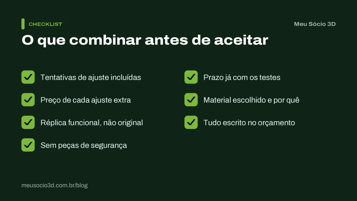 Checklist do que combinar com o cliente antes de fazer uma peça de reposição: ajustes, réplica funcional, peças de segurança, prazo e orçamento escrito