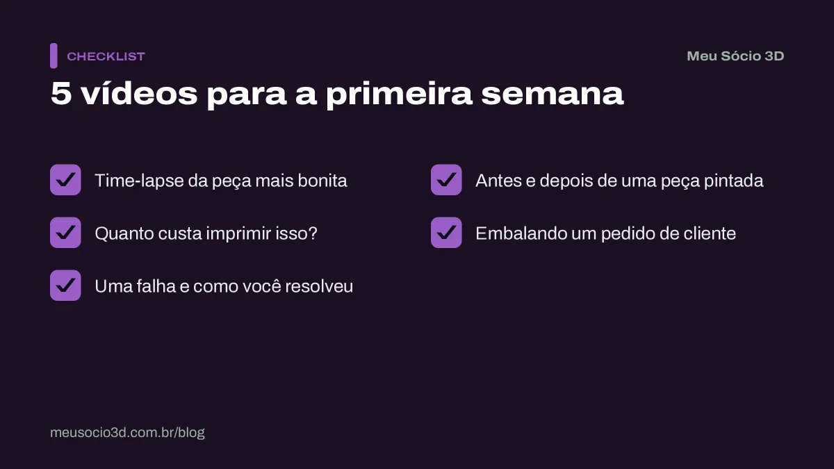Checklist com cinco ideias de vídeo para a primeira semana no TikTok: time-lapse, conta do custo, falha, antes e depois e embalagem