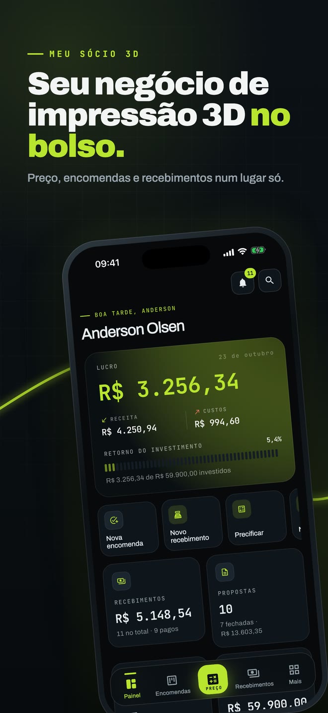 Seu negócio de impressão 3D no bolso: painel do aplicativo com lucro, receita, custos e retorno do investimento