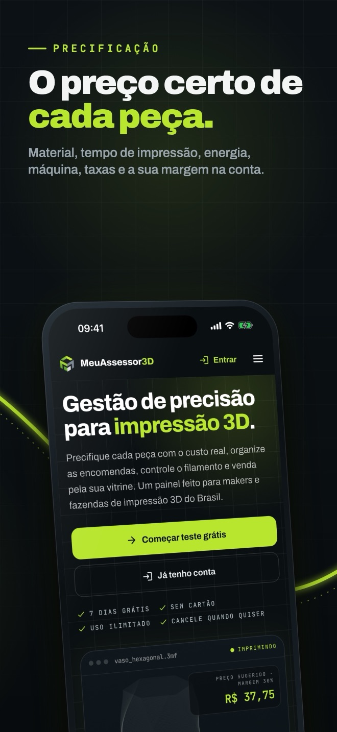 O preço certo de cada peça: material, tempo de impressão, energia, máquina, taxas e margem na conta