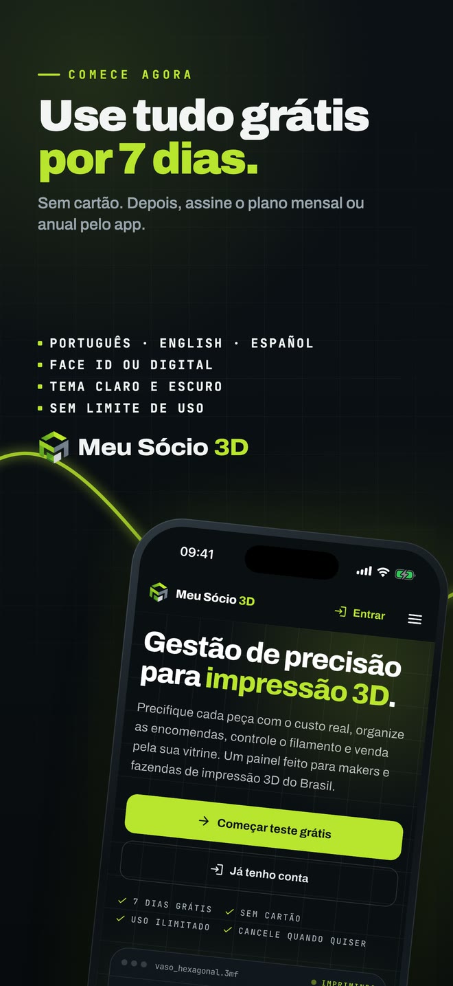 Use tudo grátis por 7 dias, sem cartão, em português, inglês ou espanhol, com Face ID e tema claro e escuro