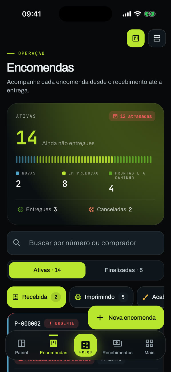 Tela de encomendas do aplicativo com o resumo das encomendas ativas, a busca e as etapas de produção