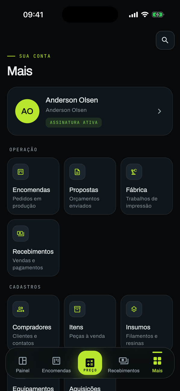 Tela Mais do aplicativo com os módulos Encomendas, Propostas, Fábrica, Recebimentos, Compradores, Itens e Insumos