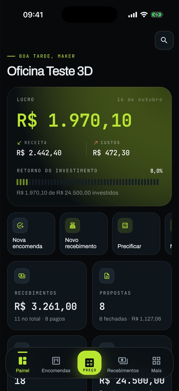 Tela inicial do aplicativo Meu Sócio 3D com o lucro do mês, a receita, os custos e o botão Preço no centro da barra
